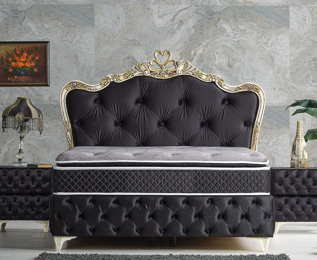 Luxury Baroque Bedroom Furniture Set Black / Cream / Gold - Various Sizes - 1 Baroque Double Bed with Mattress & 2 Baroque Nightstands - Baroque Bedroom & Hotel Furniture
