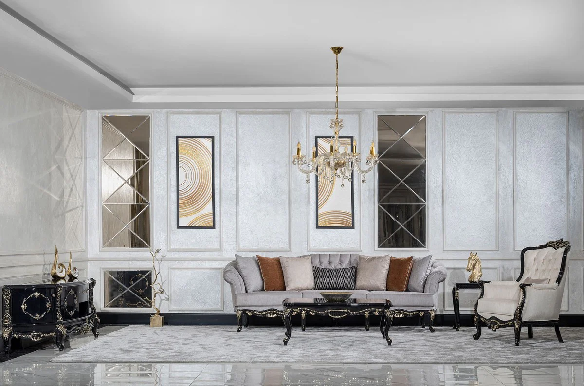 Luxury Baroque Living Room Sofa Gray / Black / Gold - Handmade Baroque Style Sofa with Decorative Pillows - Luxury Living Room Furniture in Baroque Style - Baroque Furniture - Noble & Magnificent