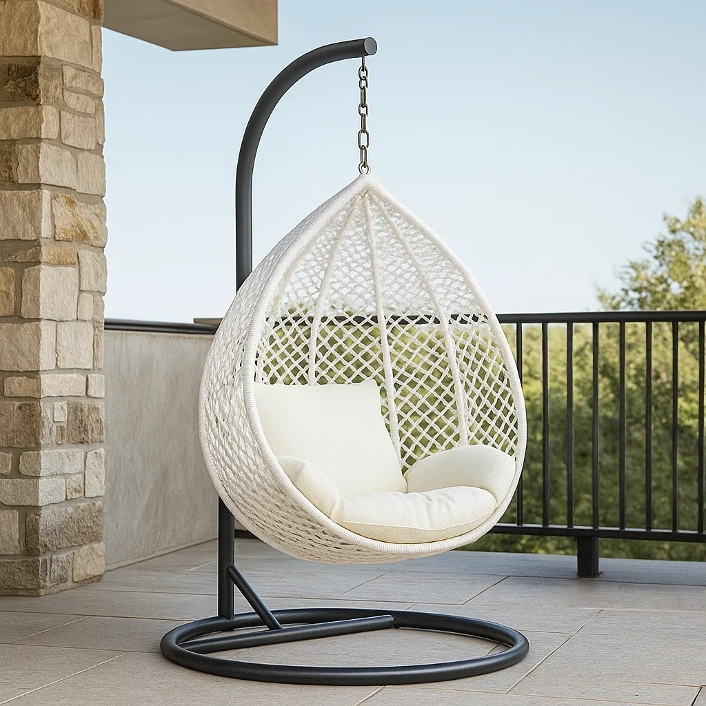 Hängesessel, schwarzes Metallgestell, weiße Korbsitzfläche, inklusive Kissen, 100 x 100 x 200 cm - lI0YwIwEX4vS
