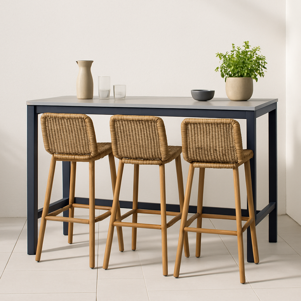 Gartenbar-Stehtisch mit Hockern, beige und schwarz, Metall und Kunstrattan, für den Außenbereich, 150 × 70 × 105 cm