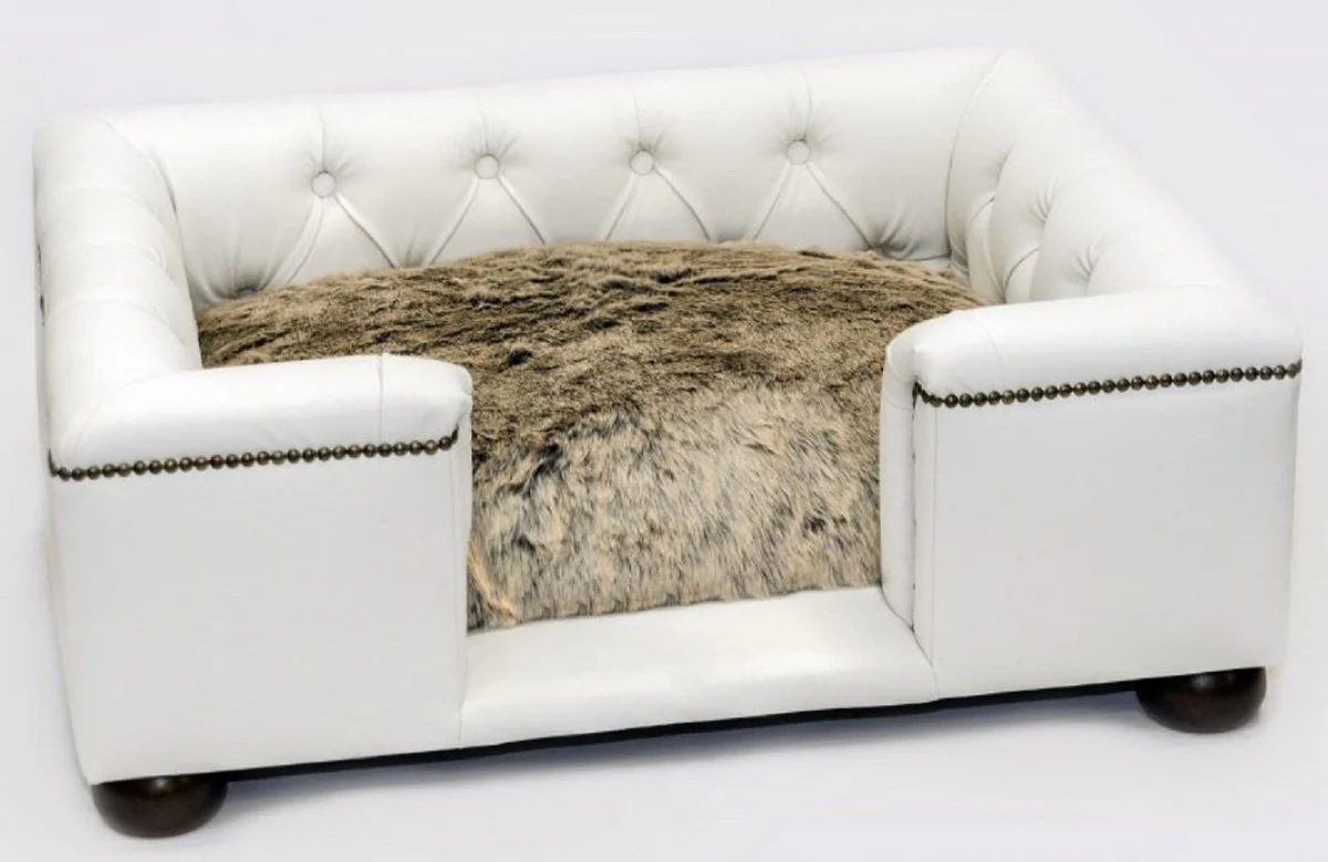 Luxury Chesterfield leather dog bed white / black / brown 95 x 75 x H. 37 cm - Rectangular genuine leather dog bed - Luxury Chesterfield leather pet furniture