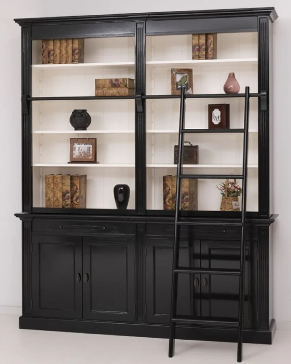 Country house style bookcase with ladder black / white 200 x 40 x H. 240 cm - solid wood cupboard - living room cupboard - shelf cupboard - office cupboard - country house style furniture
