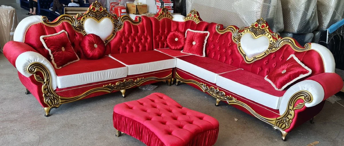 Luxury Baroque corner sofa Bordeaux red / white / gold