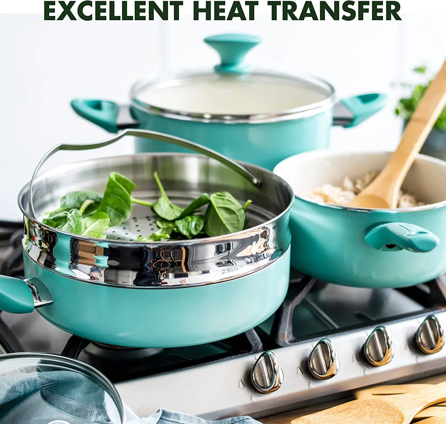 Rio Healthy Keramik-Antihaft-Kochgeschirr-Set, 16-teilig, Töpfe und Pfannen, PFAS-frei, spülmaschinenfest, Türkis