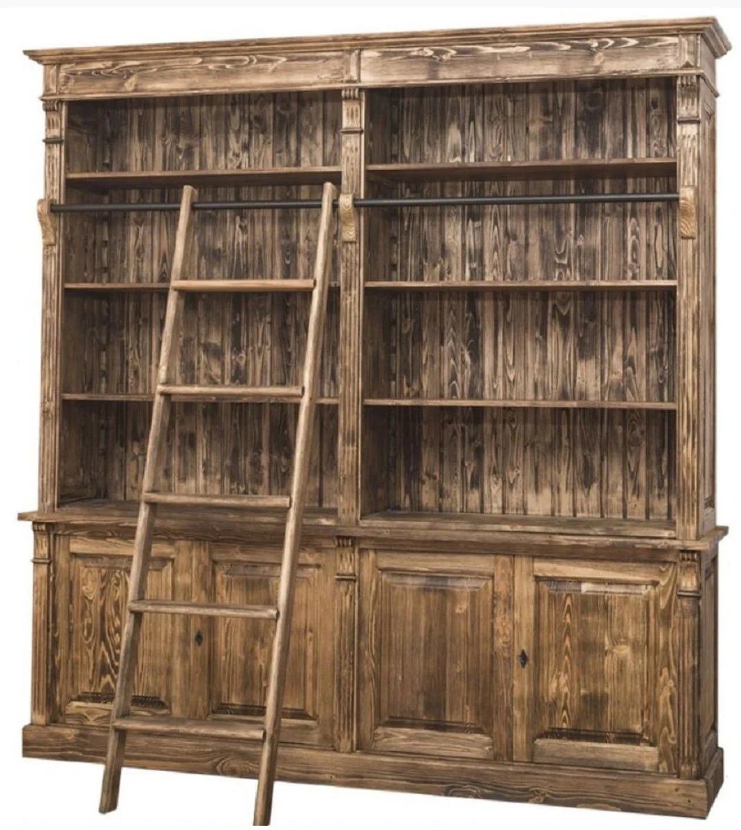 Country house style bookcase with ladder brown 223 x 51 x H. 228 cm - solid wood cupboard - living room cupboard - shelf cupboard - office cupboard - country house style furniture