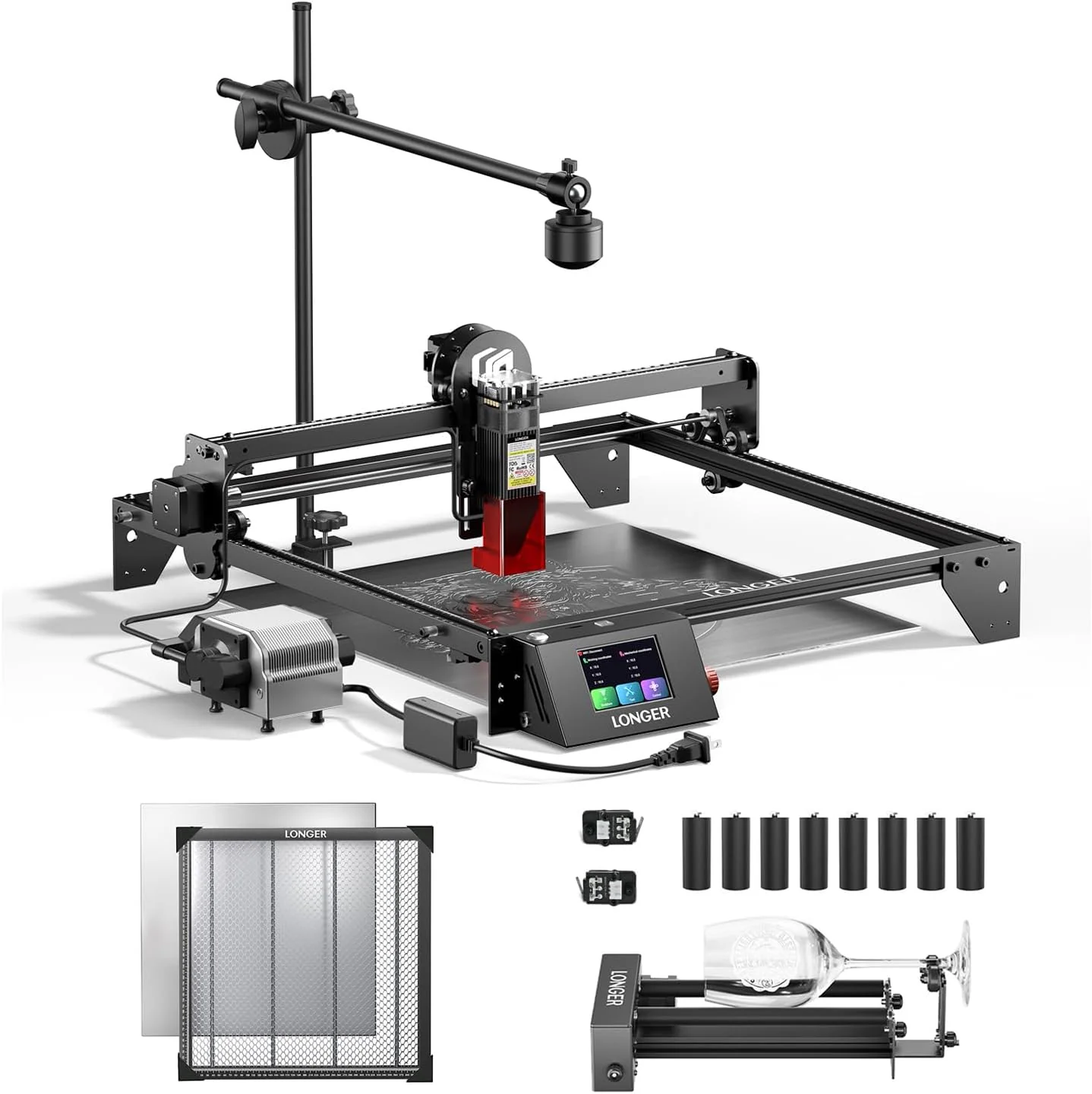 Longer RAY5 10W Laser Cutter and Laser Engraver for Tumbler, with Rotary Roller Bundle, 17.3x 17.3 Honeycomb Workbed, Camera Kit, and Air Pump Laser Engraver for Wood and Metal, Acrylic