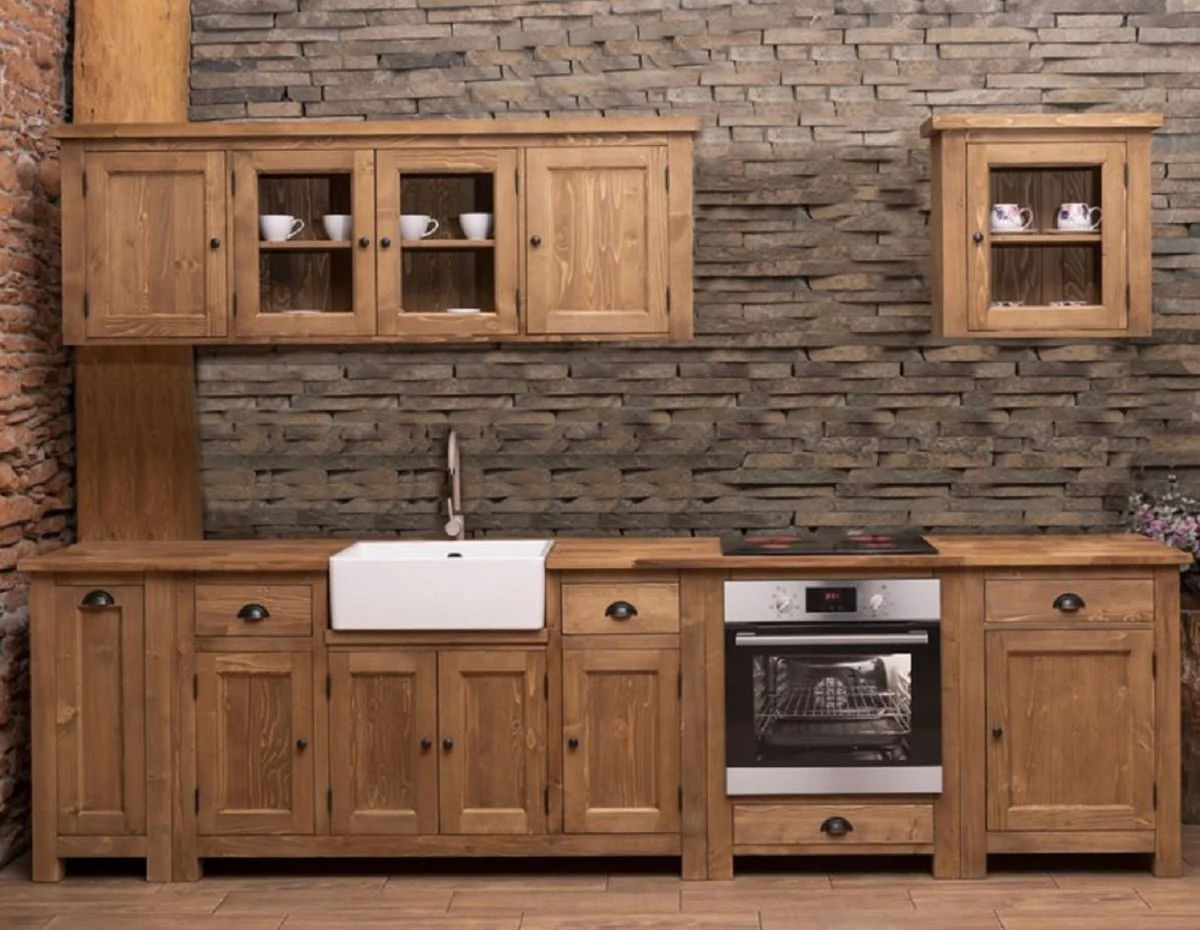 Country house style fitted kitchen brown 343 x 65 x H. 90 cm - solid wood kitchen unit - dining room furniture in country house style - country house style solid wood fitted kitchens