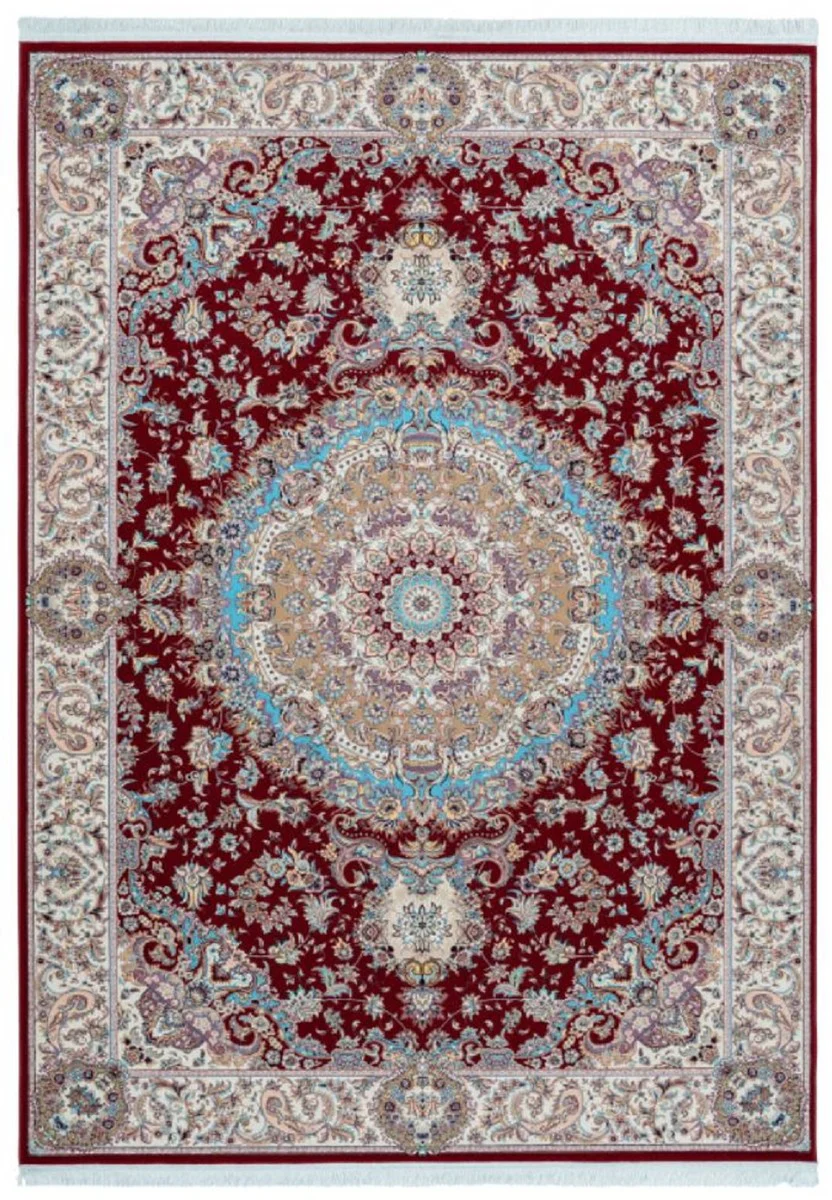 Luxus Kunstfaser Teppich mit Fransen Rot / Creme / Türkis - Verschiedene Größen - Rechteckiger Wohnzimmer Teppich im Orientalischen Stil