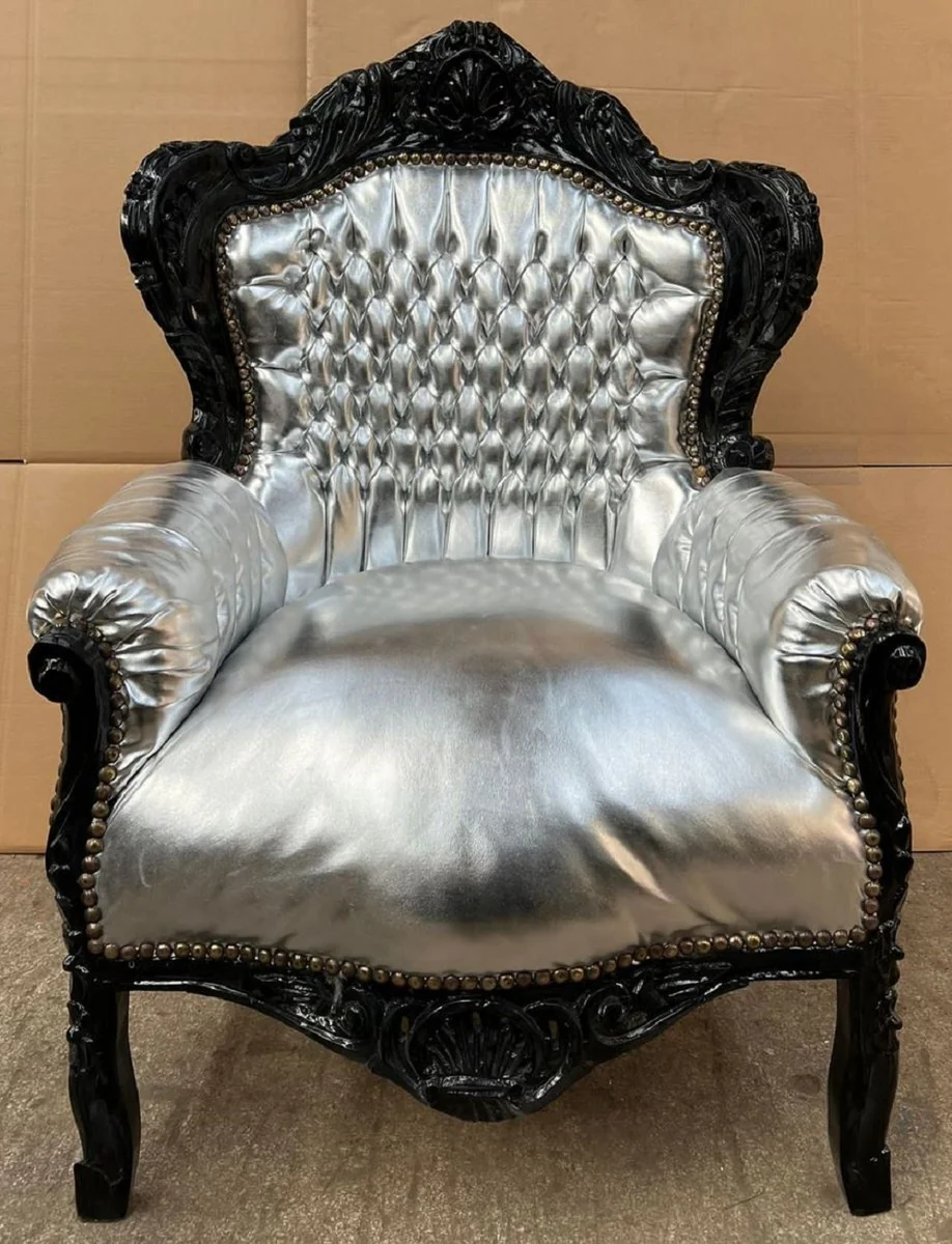 Barock Sessel Silber / Schwarz - Handgefertigter Massivholz Wohnzimmer Sessel mit Kunstleder - Antik Stil Wohnzimmer Sessel - Barock Wohnzimmer Möbel