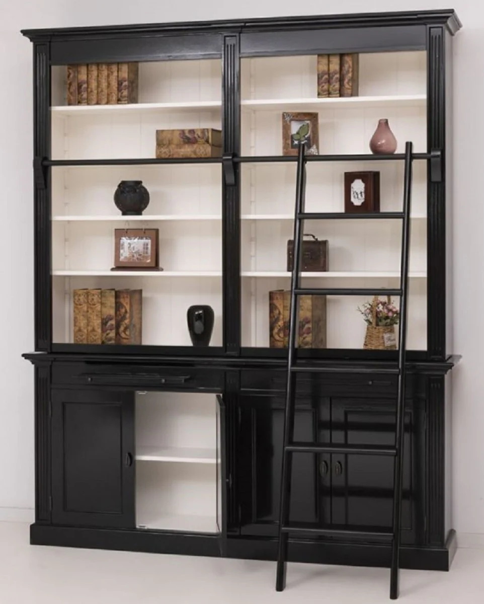 Country house style bookcase with ladder black / white 200 x 40 x H. 240 cm - solid wood cupboard - living room cupboard - shelf cupboard - office cupboard - country house style furniture