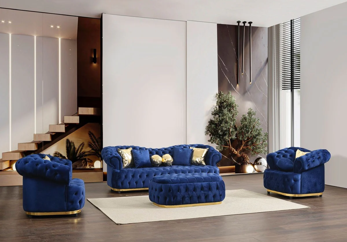 Luxury Chesterfield velvet stool blue / gold 110 cm