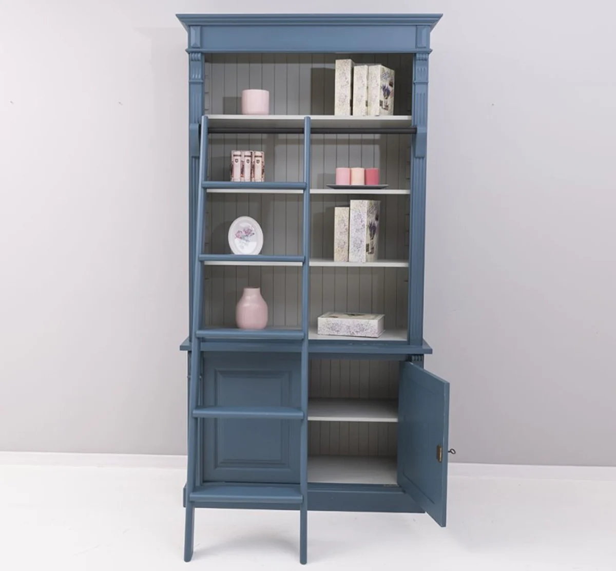 Country house style bookcase with ladder steel blue / gray