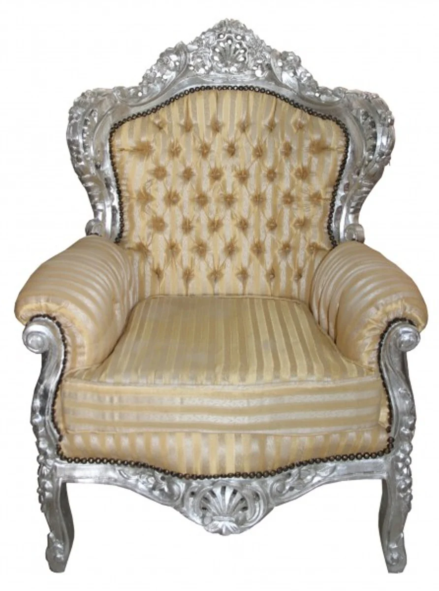 Barock Sessel King Mod 2 Gold /Beige Streifen/ Silber- Möbel Antik Stil