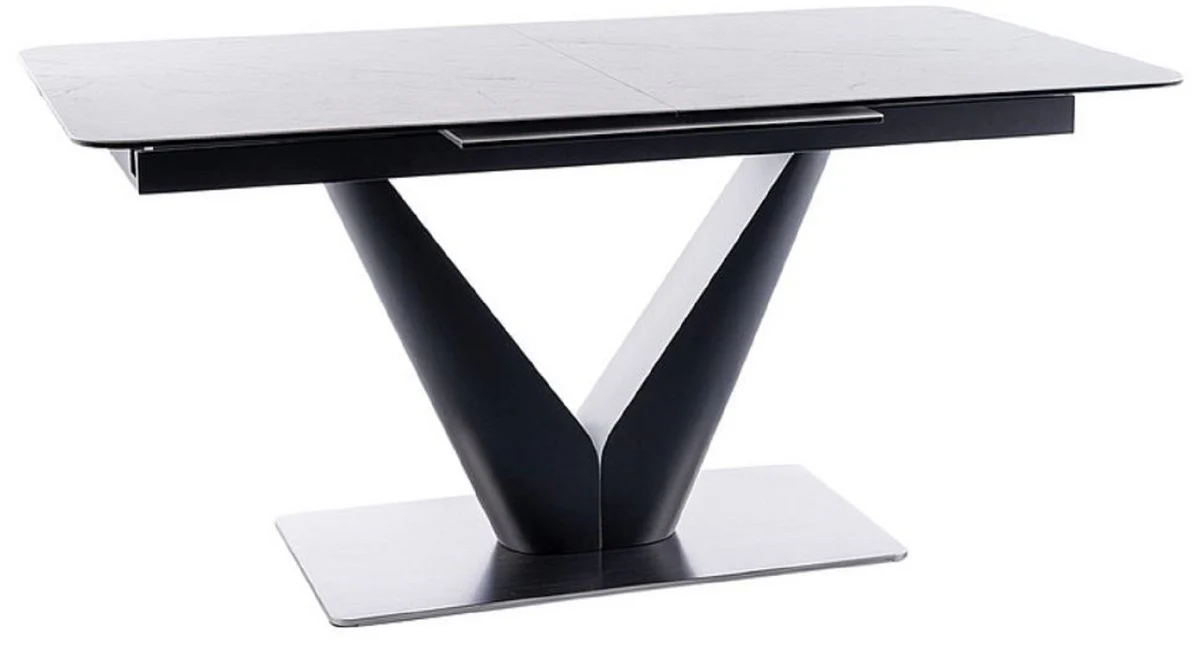 Luxury dining table with tempered glass ceramic table top in marble look white / matt black / silver 160-220 x 90 x H. 76 cm - Extendable kitchen table - Dining room furniture - Luxury furniture