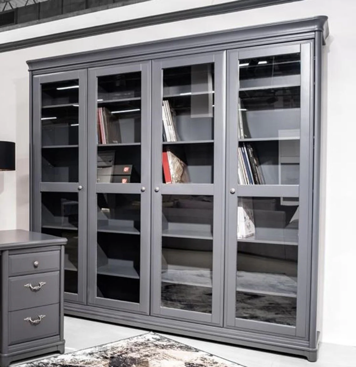 Country house style bookcase with 4 glass doors gray 234.4 cm