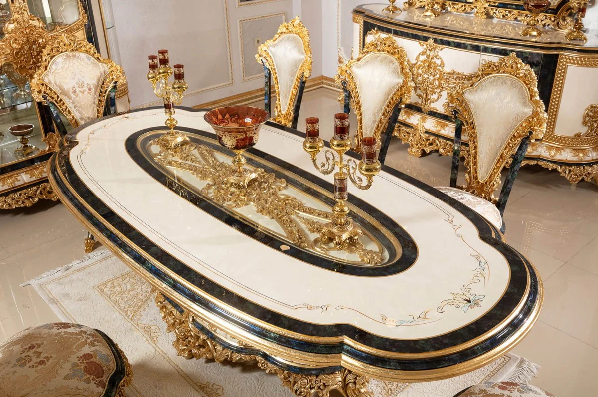 Luxury Baroque Dining Room Set White / Multicolored / Blue / Gold - 1 Baroque Dining Table & 6 Baroque Dining Room Chairs - Baroque Dining Room Furniture - Noble & Magnificent