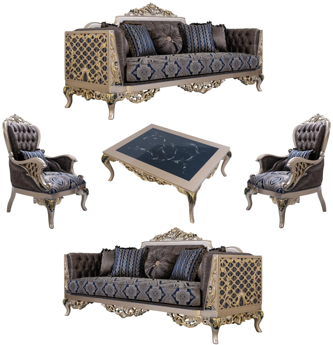 Luxus Barock Wohnzimmer Set Blau / Silber / Gold - 2 Sofas & 2 Sessel & 1 Couchtisch - Prunkvolle Barock Wohnzimmer Möbel