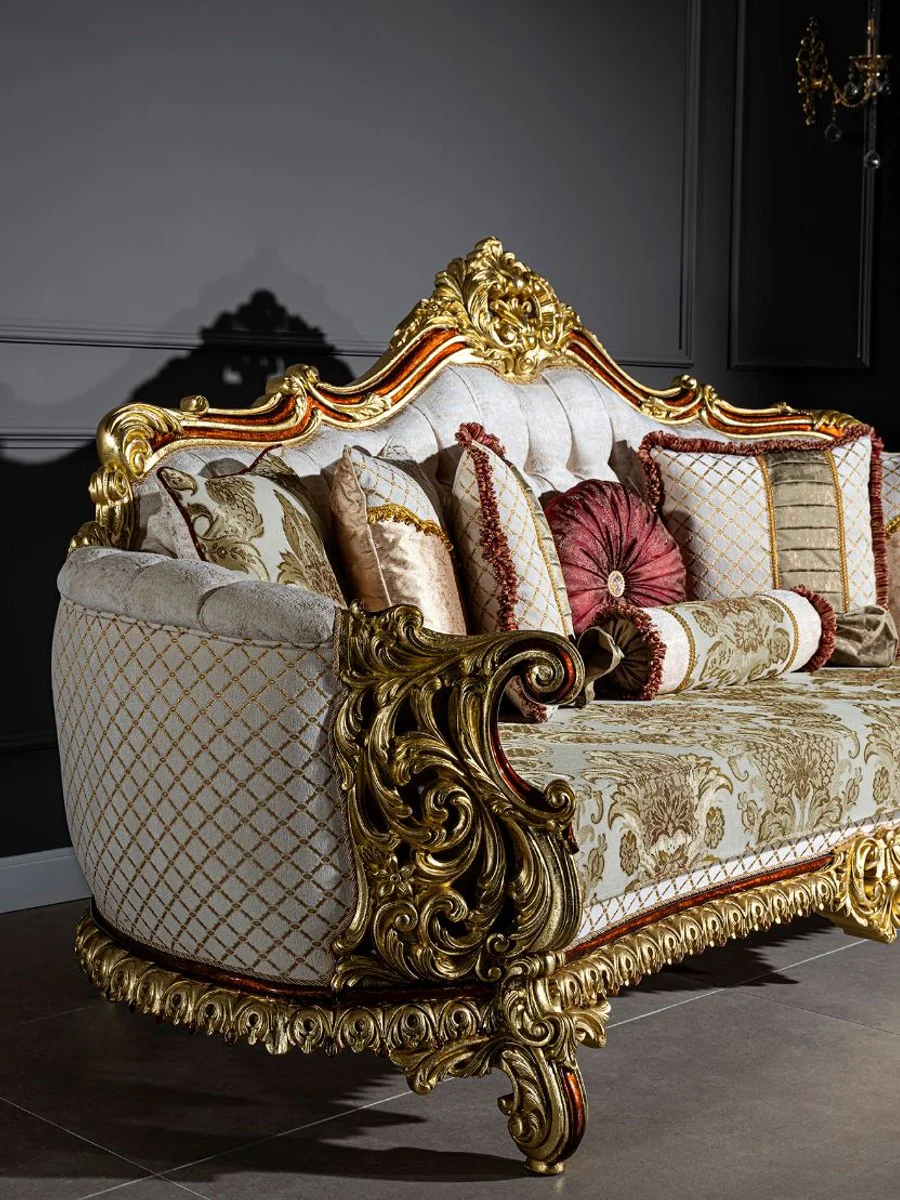 Luxury baroque sofa gray / red / gold 270 x 105 x H. 128 cm - living room sofa with decorative pillows - noble & magnificent