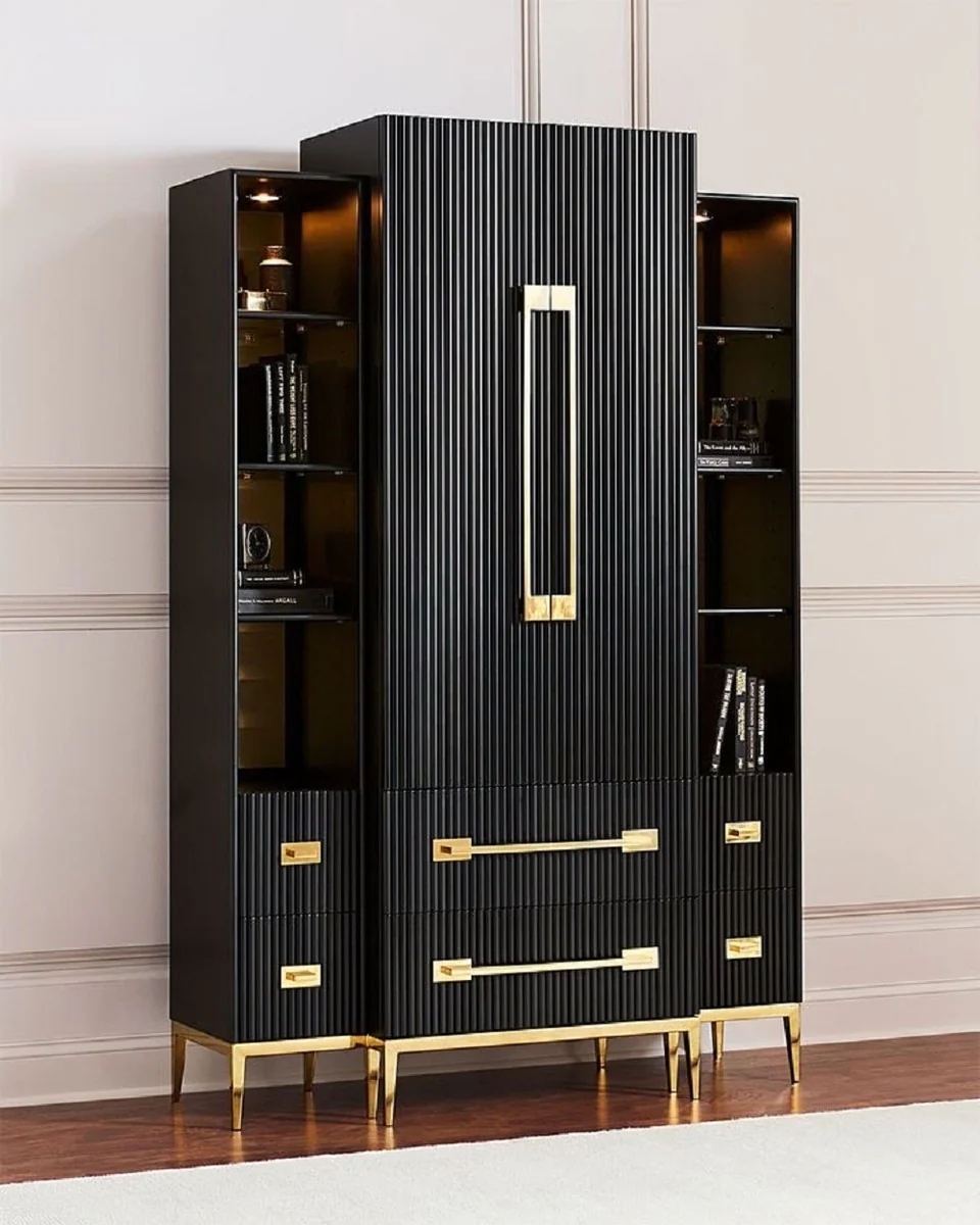 Luxury display cabinet with LED lighting black / gold 124 x 57 x H. 177 cm - Illuminated solid wood display cabinet with 2 doors and 6 drawers - Living room furniture - Luxury furniture