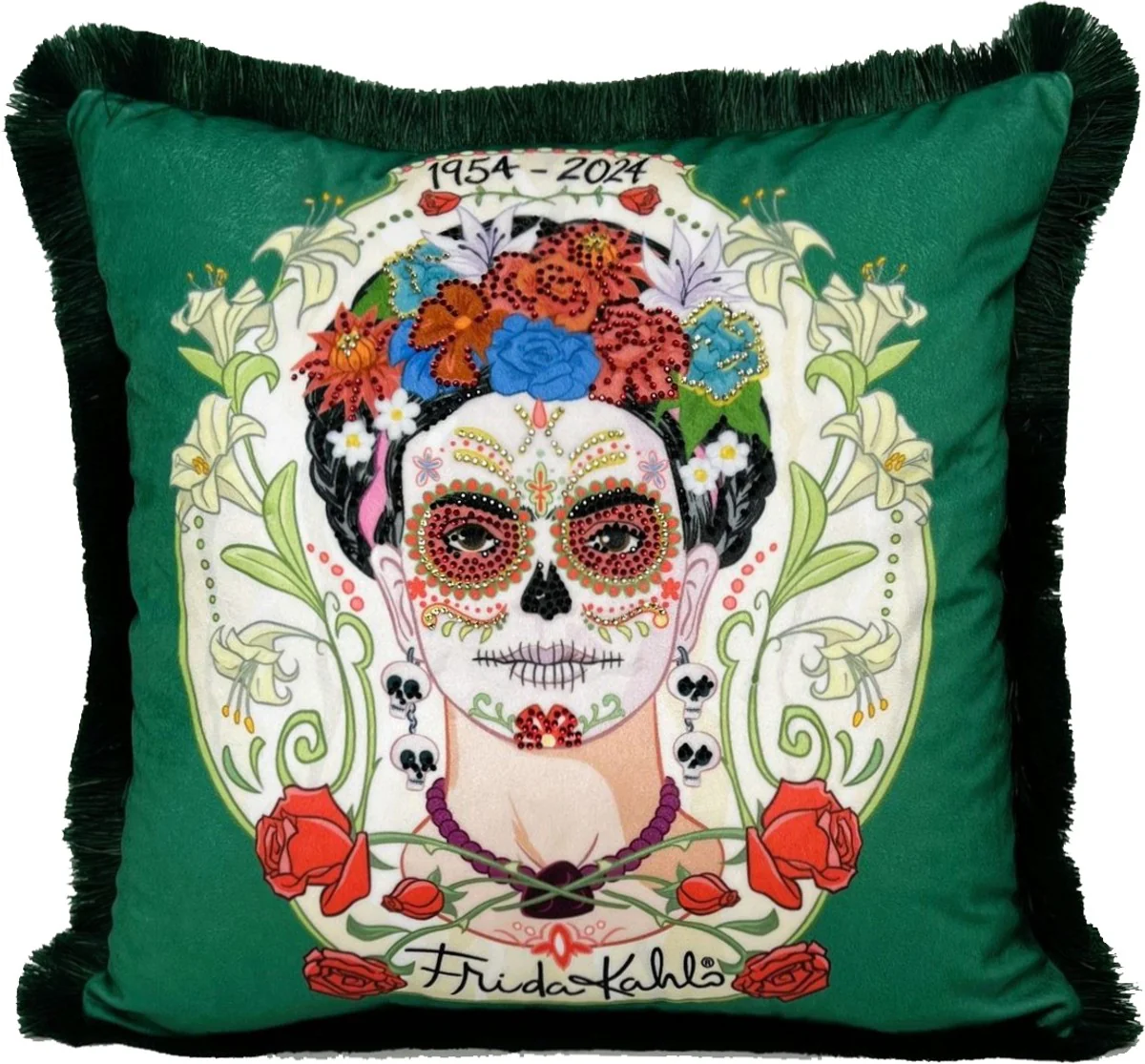 Frida Kahlo by Luxury decorative cushion with rhinestones green / colorful