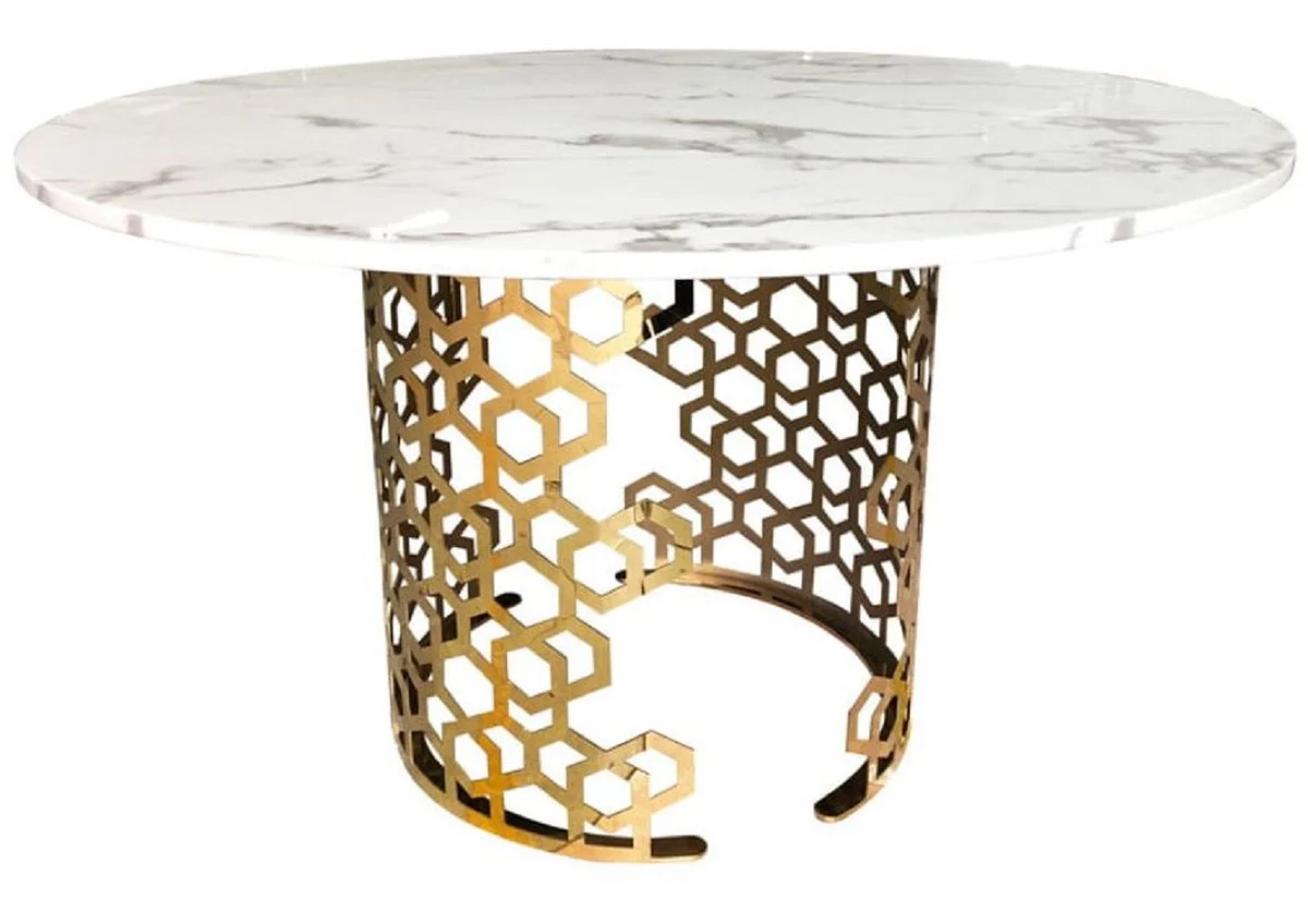 Luxury dining table white / gold Ø 135 x H. 76 cm - Round dining room table with artificial marble table top - Dining room furniture - Luxury furniture - Luxury furnishings