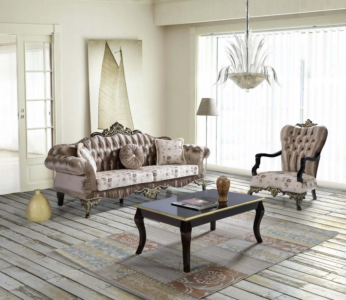 Baroque sofa brown / beige / black / gold 227 x 81 x H. 110 cm - Magnificent living room sofa with floral pattern - Baroque style furniture