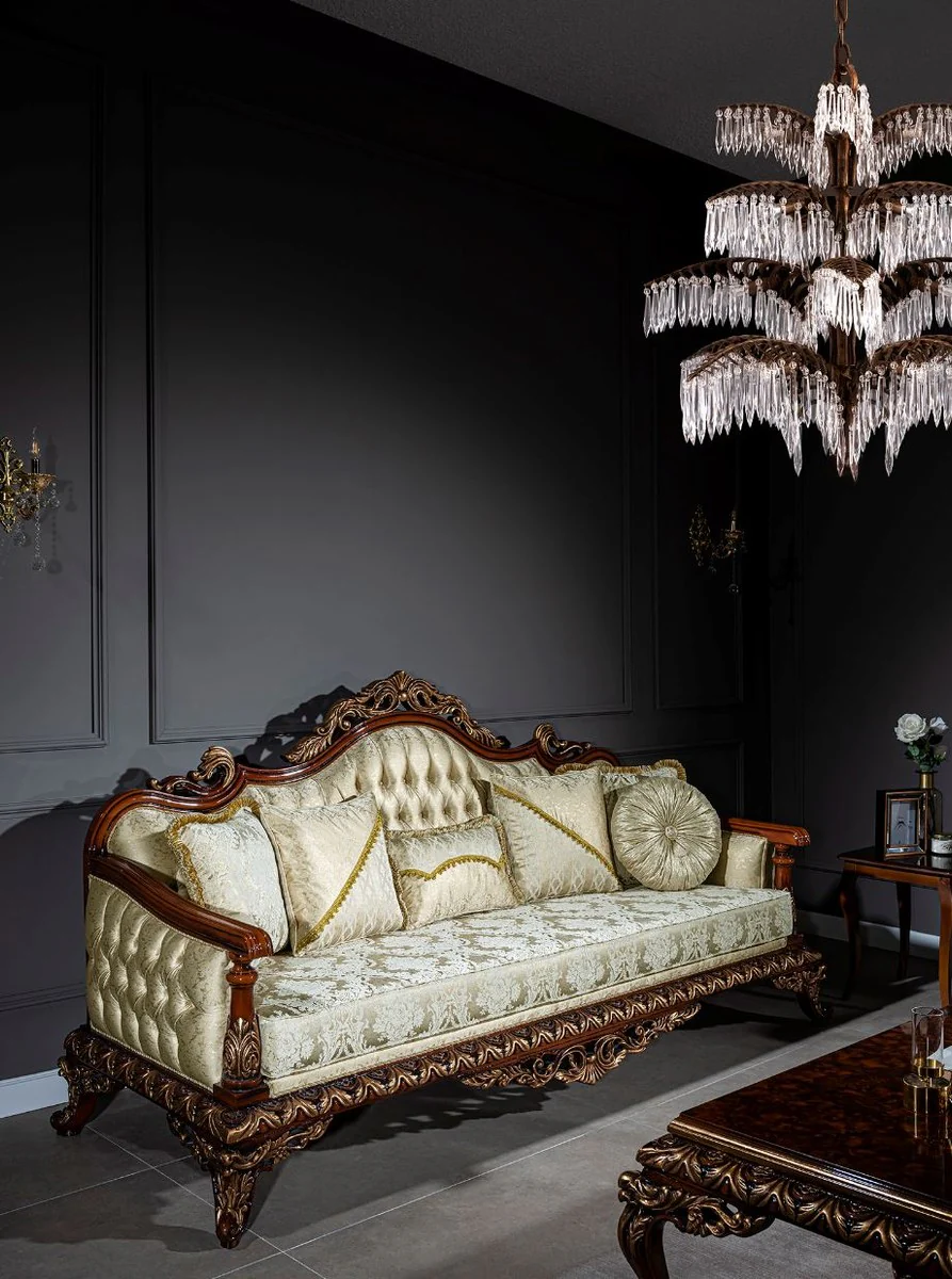 Luxury baroque sofa gold / brown / bronze 245 x 92 x H. 127 cm - living room sofa with elegant pattern and decorative pillows - noble baroque furniture