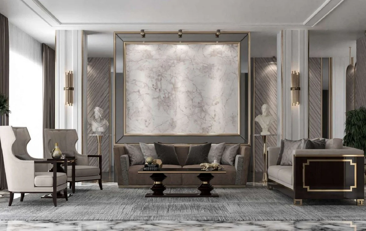 Luxury Art Deco sofa light gray / dark brown high gloss / gold - handmade solid wood living room sofa with elegant velvet fabric - luxury quality - Art Deco furniture