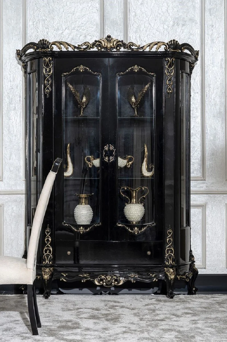 Luxury baroque display cabinet black / gold - magnificent solid wood display cabinet with 2 doors and drawer - luxury furniture in baroque style - baroque furniture - noble & magnificent