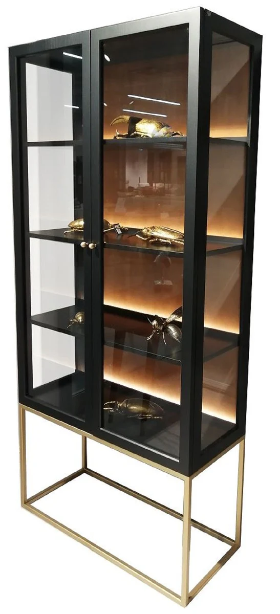 Luxury display cabinet with LED lighting matt black / brass / matt cognac 90 x 40 x H. 200 cm - illuminated solid wood display cabinet with 2 glass doors - living room furniture - luxury furniture
