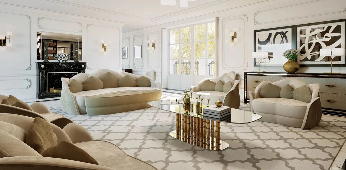 Luxury designer coffee table bamboo gold 180 x 80 x H. 57 cm - living room table with oval glass top - living room furniture - hotel furniture - luxury quality