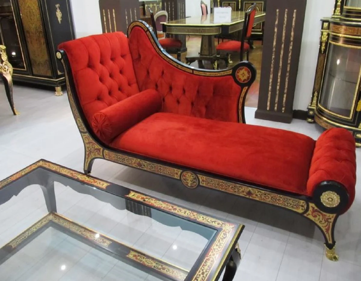 Luxury Baroque Boulle Chaise Longue Red / Black / Gold 180 x 75 x H. 106 cm - Handcrafted solid wood chaise longue with elegant velvet fabric - Baroque furniture - Luxury quality