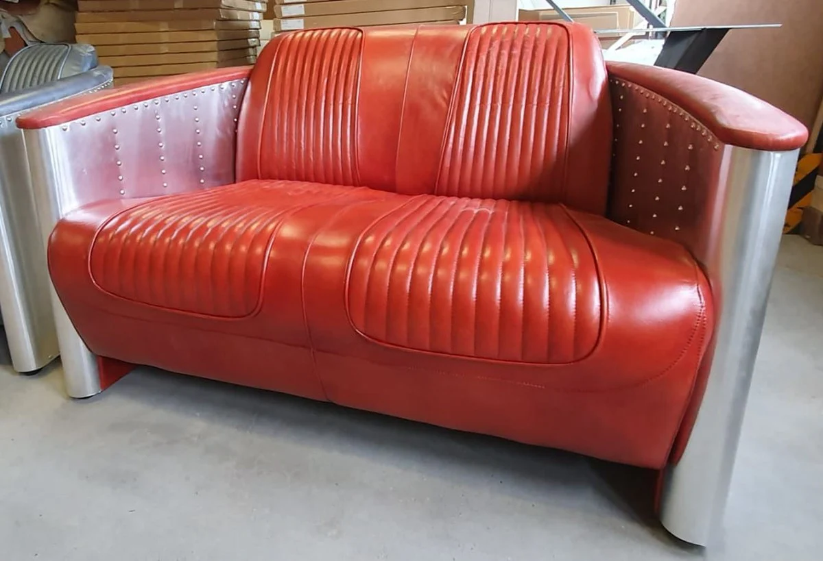 Luxury Art Deco leather sofa red / silver 172 x 70 x H. 82 cm - aluminum living room sofa with real leather - aluminum airplane aviator sofa furniture