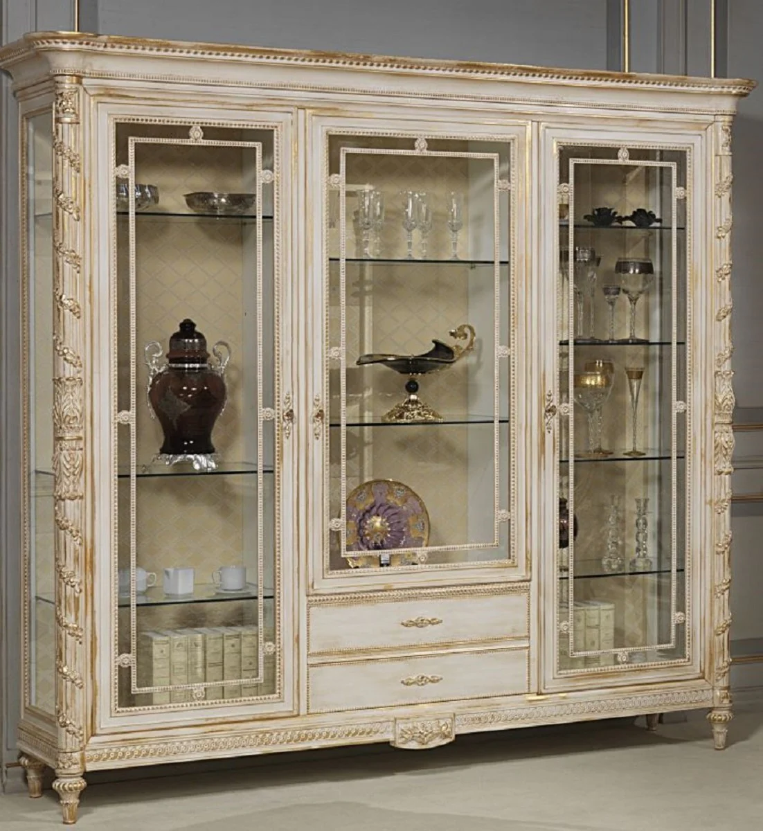 Luxury baroque display cabinet white / gold - noble solid wood display cabinet with 3 glass doors and 2 drawers - hotel furniture - castle furniture - luxury quality - Made in Italy