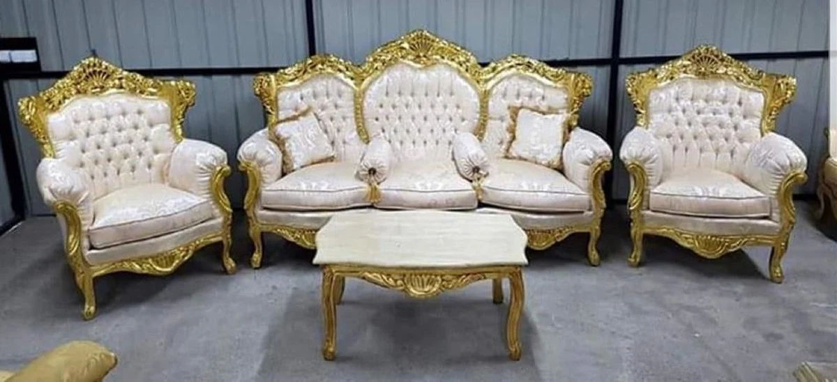 Barock Wohnzimmer Set Creme Muster / Gold - 1 Barock Sofa & 2 Barock Sessel - Wohnzimmer Möbel im Barockstil - Barock Möbel - Barock Wohnzimmer Einrichtung