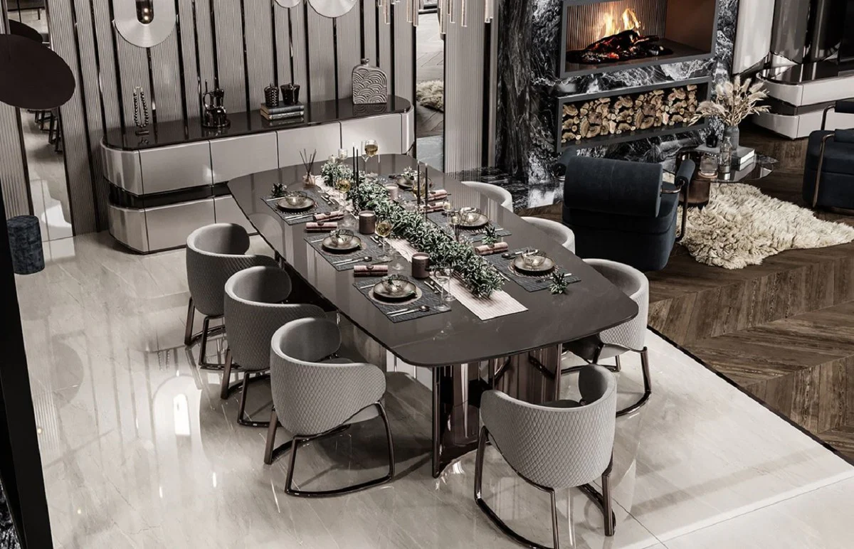 Luxury dining room set gray / bronze - 1 luxury dining table & 8 luxury dining room chairs with armrests - dining room furniture - luxury furniture - luxury furnishings