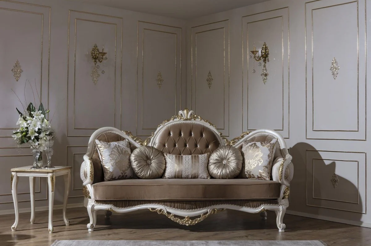 Luxury Baroque sofa brown / white / gold 220 x 80 x H. 124 cm - Magnificent living room sofa with decorative pillows - Baroque furniture