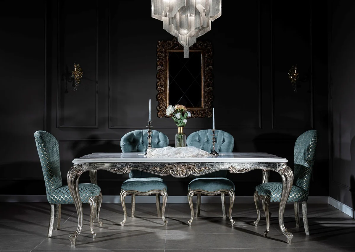 Luxury Baroque Dining Room Chair Set Light Blue / Silver 55 x 55 x H. 107 cm - Kitchen Chairs Set of 6 - Noble Baroque Dining Room Furniture