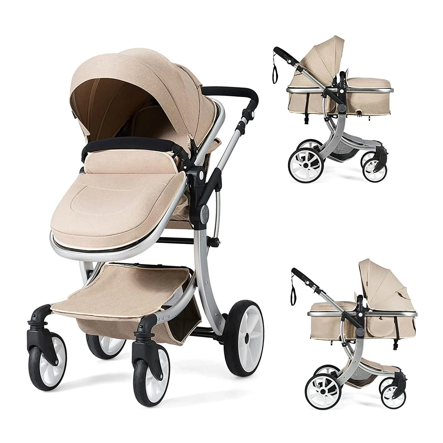 Kinderwagen, umwandelbarer Hochformat-Kinderwagen mit Stubenwagen, verstellbares Verdeck und Rückenlehne, Aufbewahrungskorb, Fußabdeckung, faltbarer Kinderwagen für Neugeborene (grau)