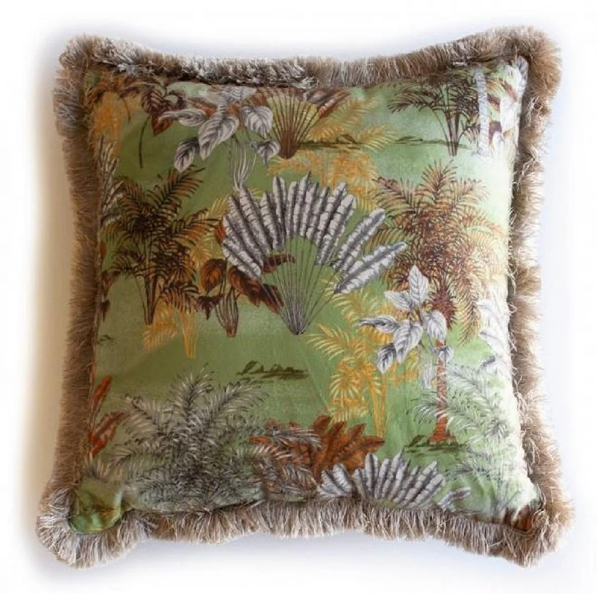 Luxus Deko Kissen Dschungel Design Grün / Mehrfarbig / Braun 45 x 45 cm - Bedrucktes Samt Kissen mit Fransen - Deko Accessoires