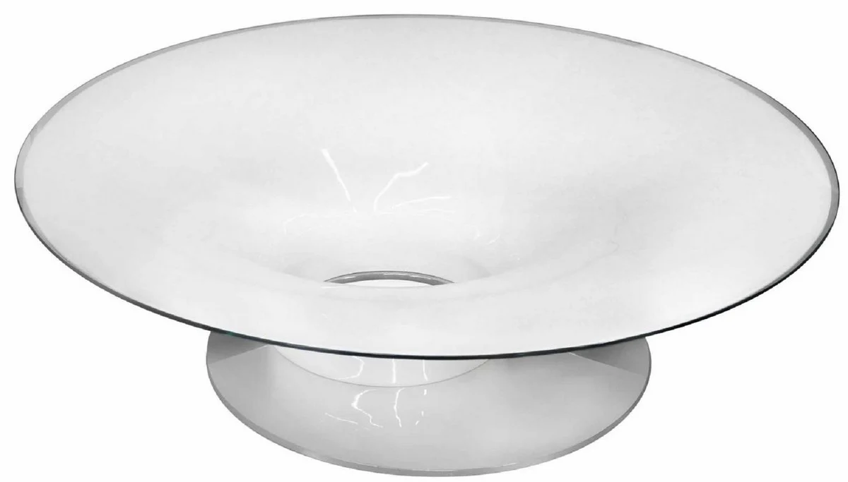 Luxury coffee table high gloss white / silver Ø 140 x H. 40 cm - Round living room table with glass top - Luxury living room furniture