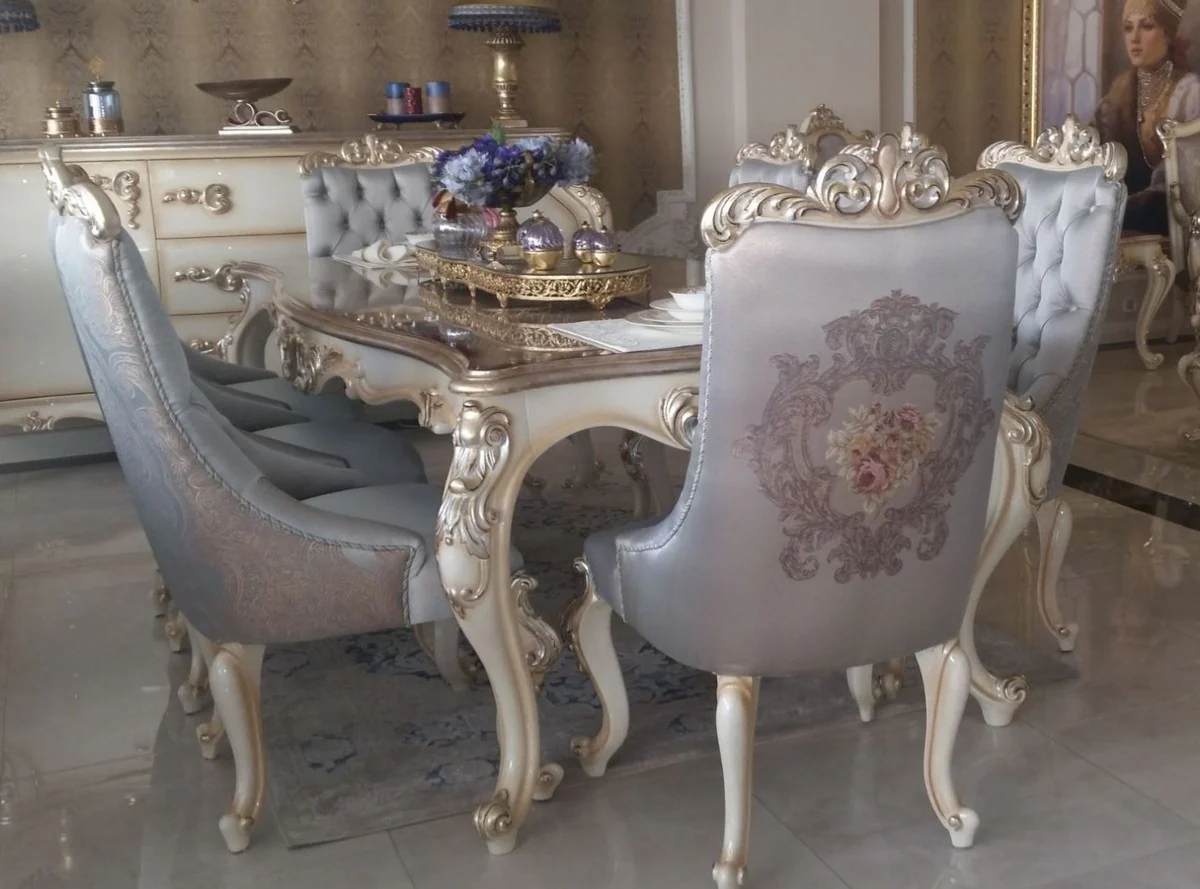 Luxury Baroque Dining Room Set Silver / Cream / Gold - 1 Dining Table & 6 Dining Chairs - Handcrafted Dining Room Furniture in Baroque Style - Noble & Magnificent