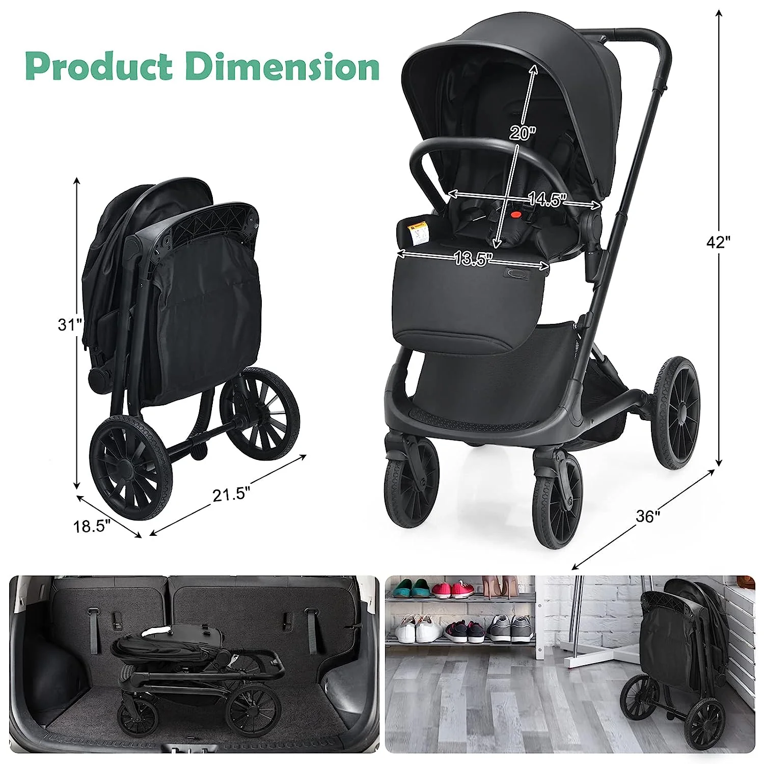 Kinderwagen, umkehrbarer Stubenwagen für Neugeborene, einhändig faltbarer, schnell zusammenklappbarer Kinderwagen mit Aluminiumrahmen, verstellbarem Verdeck, 5-Punkt-Sicherheitsgurt für Säuglinge und Kleinkinder (schwarz)