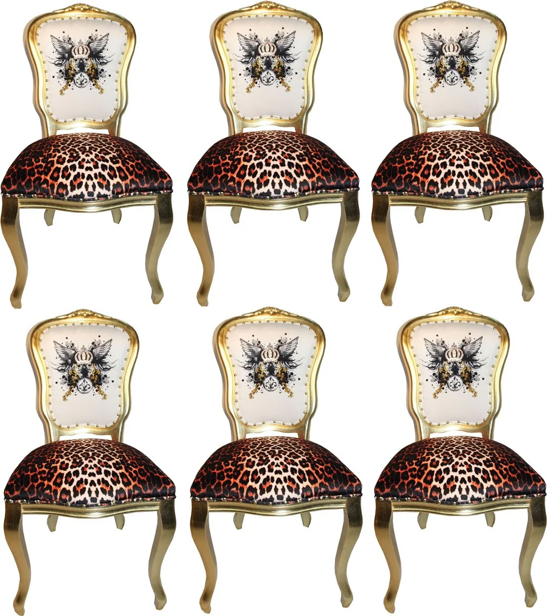 Pompöös by Luxury Baroque Dining Room Chairs Glitter Crown & Angel Wings Leopard / White / Gold 50 x 60 x H.104 cm - Pompöös Baroque Chairs designed by Harald Glööckler - 6 dining room chairs