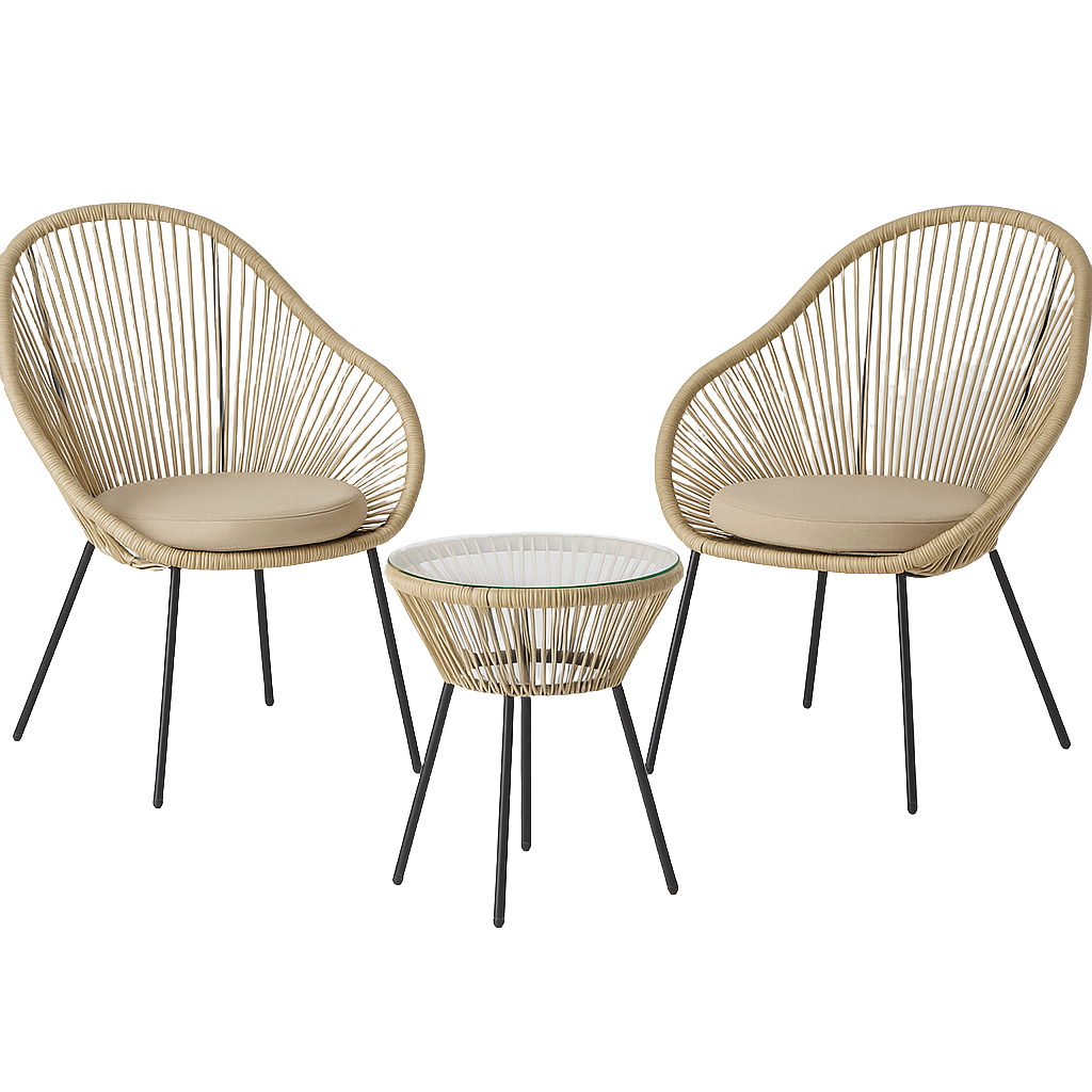 Gartenmöbel-Set + Tisch und 2 Stühle + Beige/Schwarz + Kunststoff und Stahl + Außenbereich/Terrasse