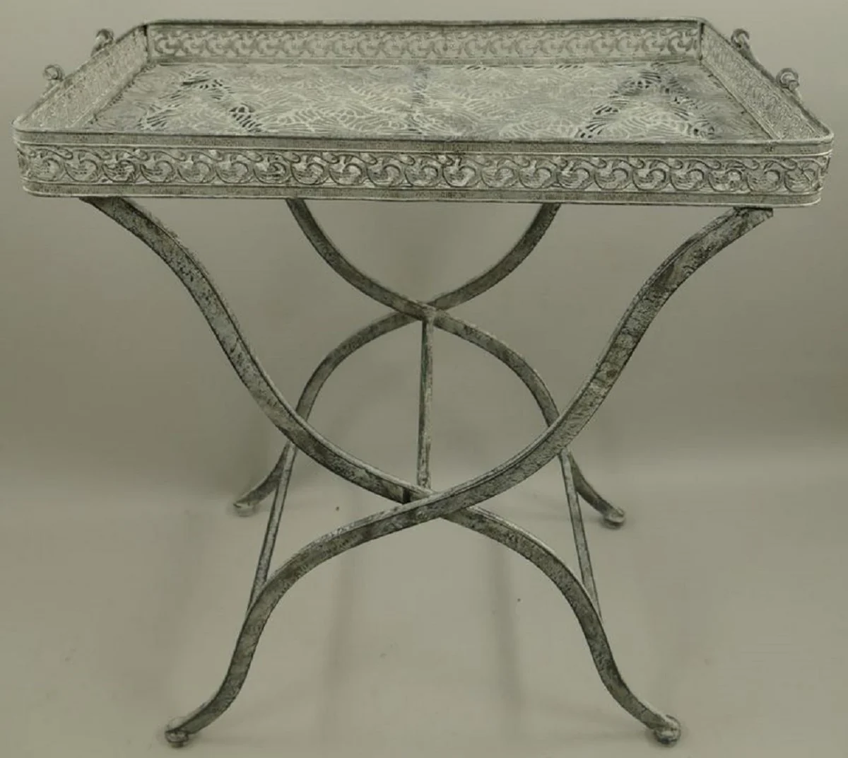 Jugendstil Gartentisch Antik Grau 60 x 40 x H. 70 cm - Klappbarer Metall Tisch mit Tragegriffen - Garten & Terassen Möbel