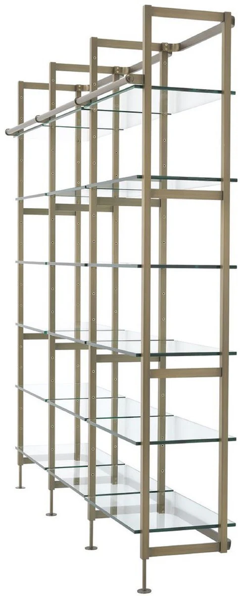 Luxury shelf cabinet brass colored 222.5 x 51 x H. 238 cm - stainless steel wall unit with 18 adjustable glass shelves - living room cabinet - office cabinet - luxury furniture