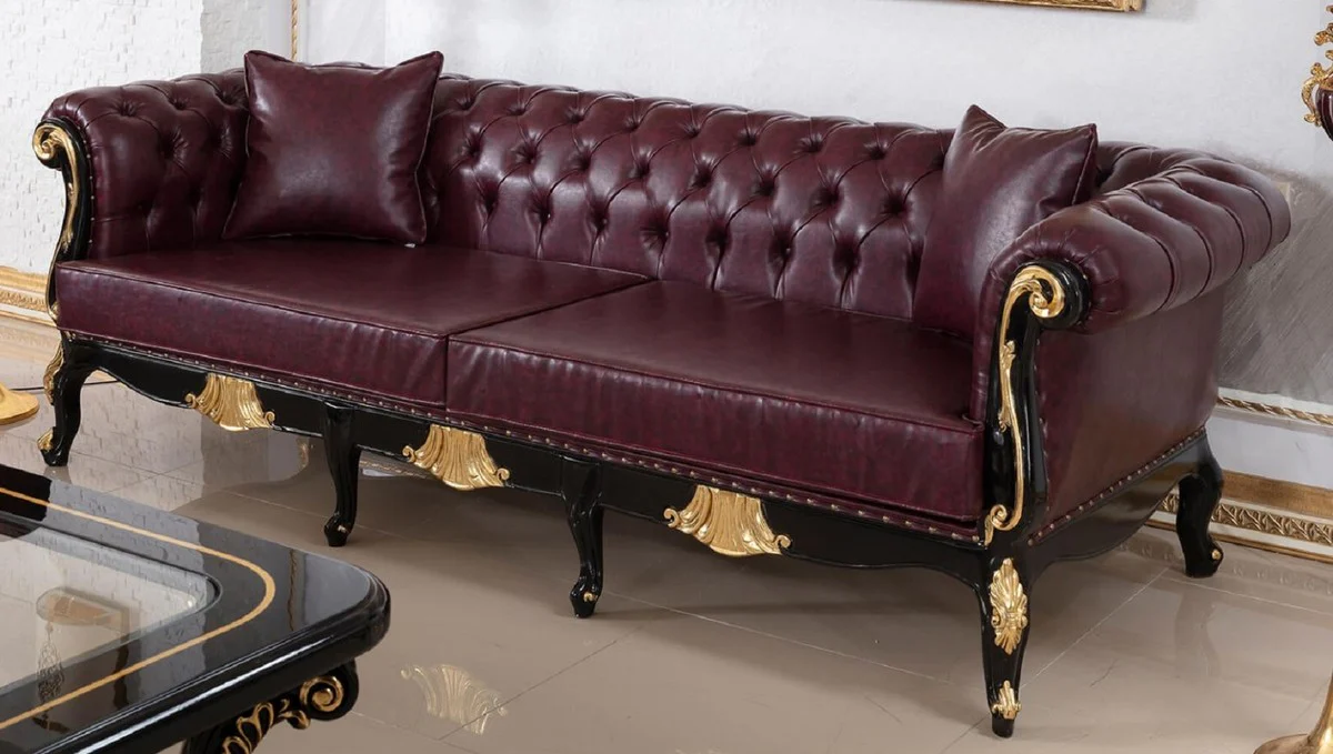 Luxury Baroque Chesterfield Sofa Bordeaux Red / Black / Gold - Magnificent living room sofa with elegant faux leather - Baroque Chesterfield living room furniture