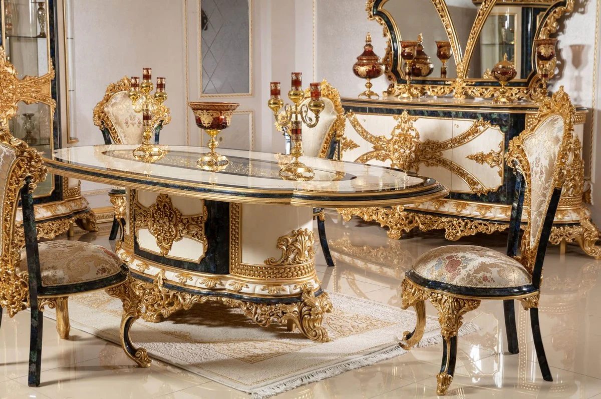 Luxury Baroque Dining Room Set White / Multicolored / Blue / Gold - 1 Baroque Dining Table & 6 Baroque Dining Room Chairs - Baroque Dining Room Furniture - Noble & Magnificent