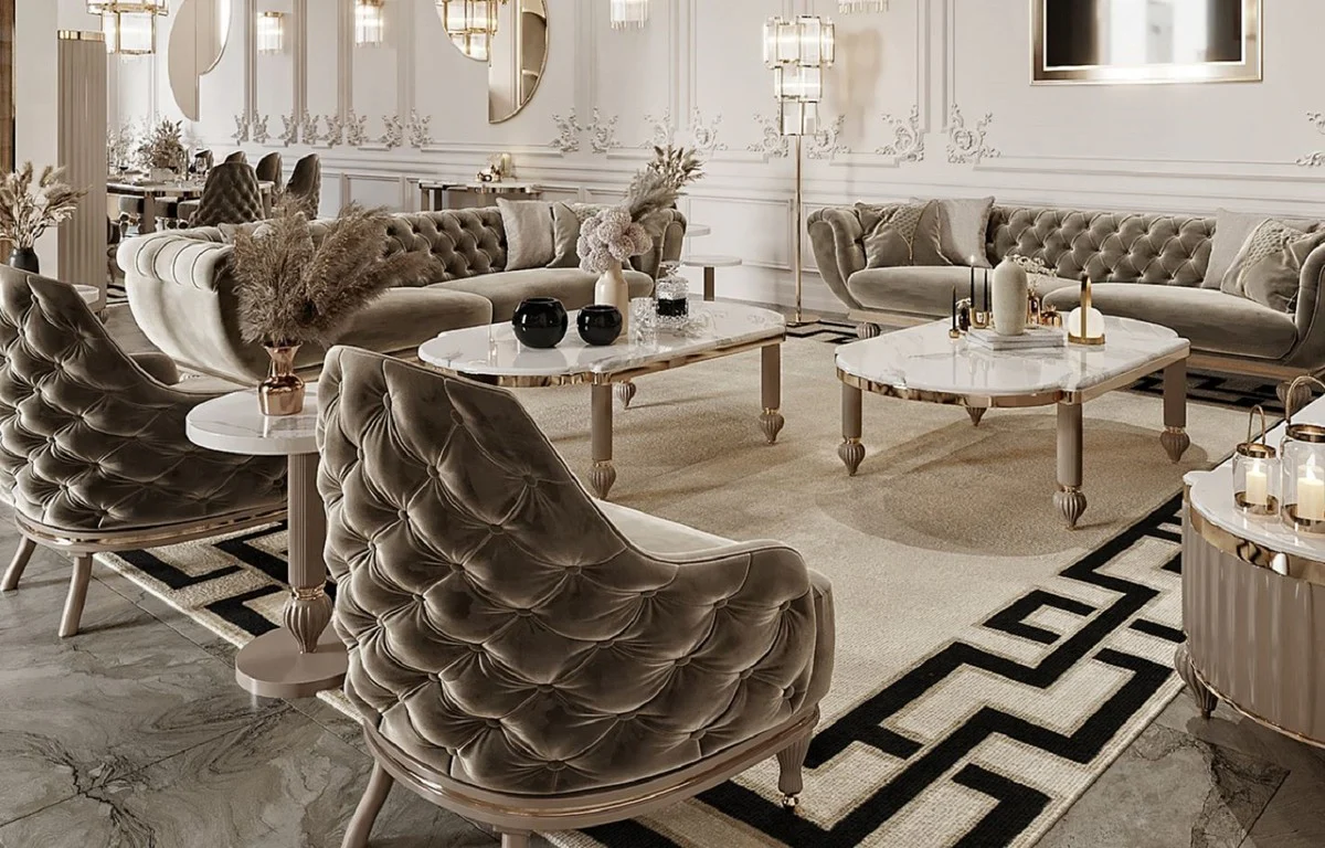 Luxury Art Deco Chesterfield Sofa Gray / Gold - Magnificent Living Room Sofa - Art Deco Living Room Furniture